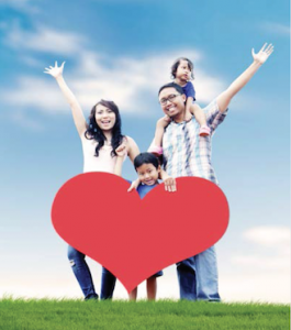 Family with a big red heart cutout